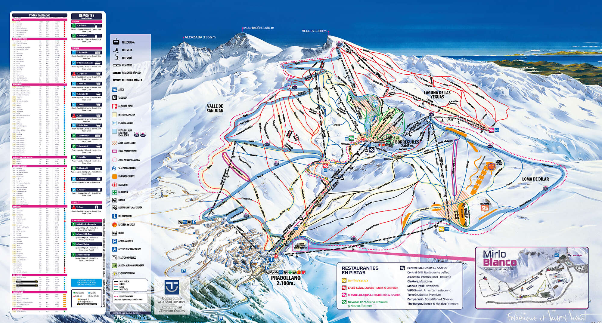 Official Sierra Nevada ski resort piste map showing lifts, runs and Pradollano village