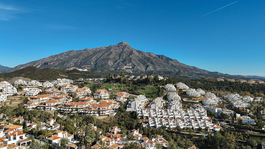 Aerial view of Nueva Andalucía rooftops with La Concha
